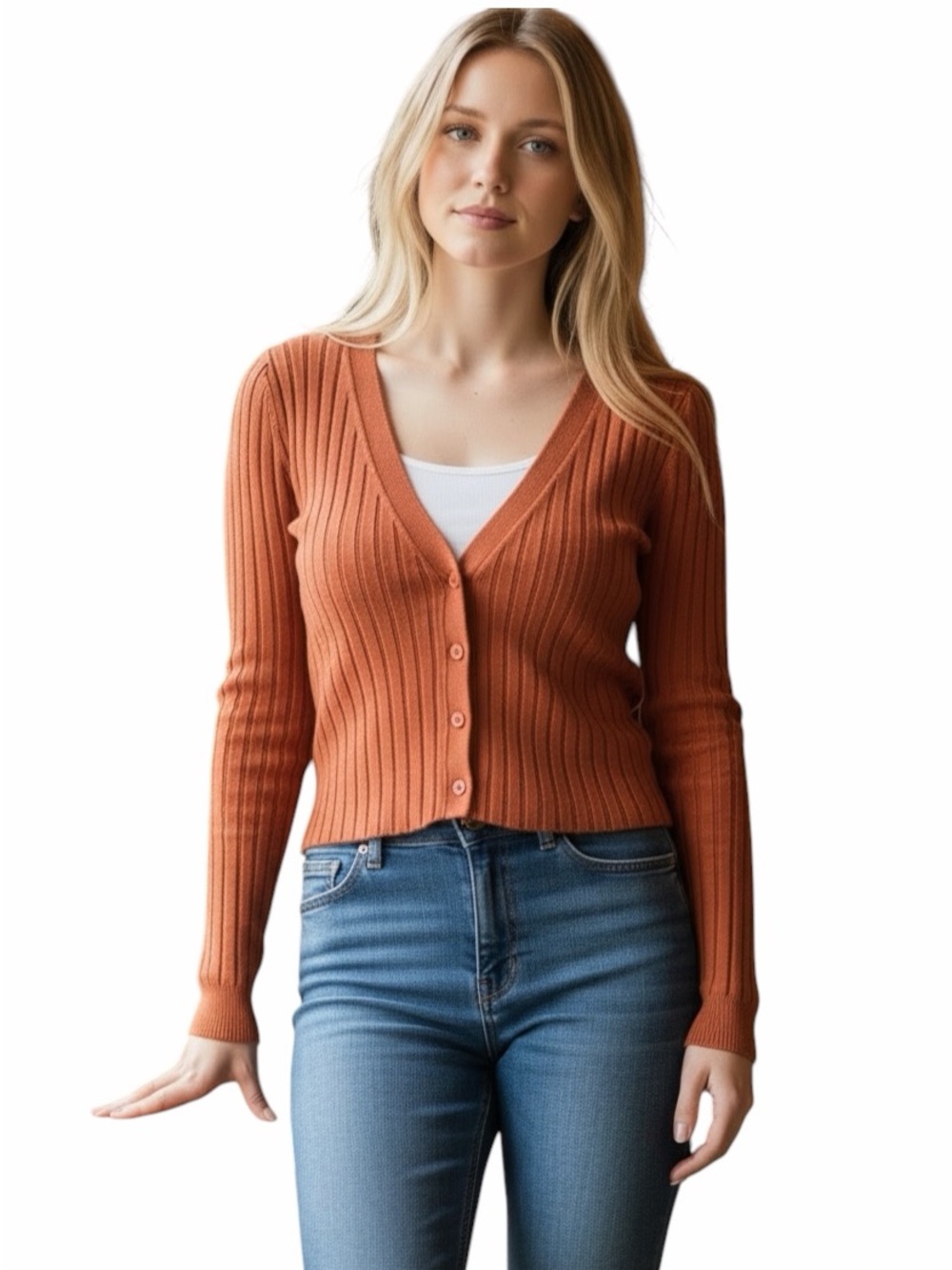 525 America Ribbed Cardigan | Rust | V-Neck Button Front | Size S | NWT